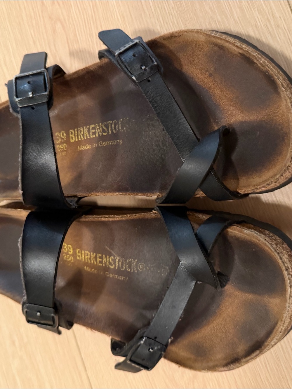 *extremely worn* Birkenstock Black Leather Buckle Crossover Sandals